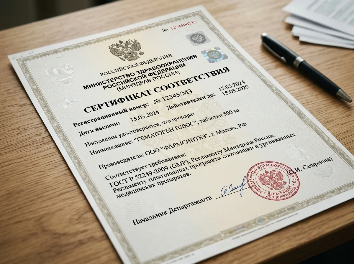 Сертификат соответствия медицинских препаратов требованиям Министерства здравоохранения России, официальный документ крупным планом