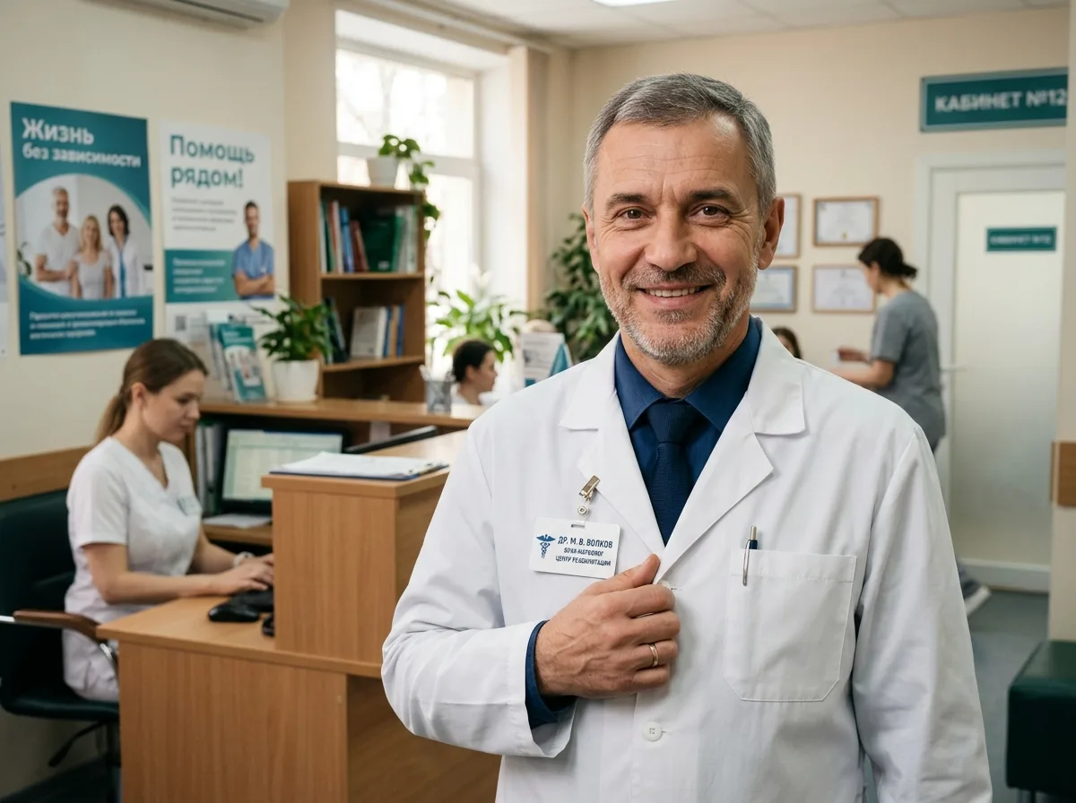 Портрет врача-нарколога, мужчина около 50 лет, белый халат, уверенная улыбка, профессиональная медицинская обстановка, доверительное выражение лица
